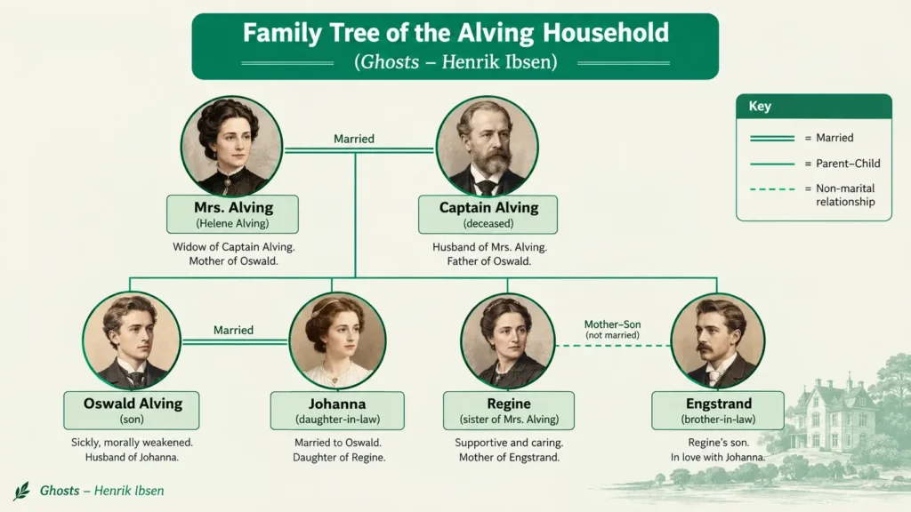 Character relationships in Ghosts Diagram showing Mrs. Alving, Oswald, Captain Alving, Johanna, Regine and Engstrand relationships