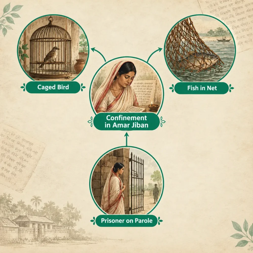 Diagram linking the caged bird, fish in the net and prisoner on parole images to Rassundari Devi's confinement in Amar Jiban
