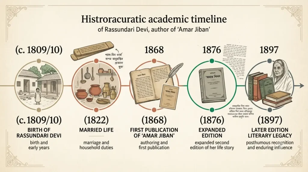 Timeline of Rassundari Devi's life from birth in c. 1809 to the 1876 and 1897 editions of Amar Jiban