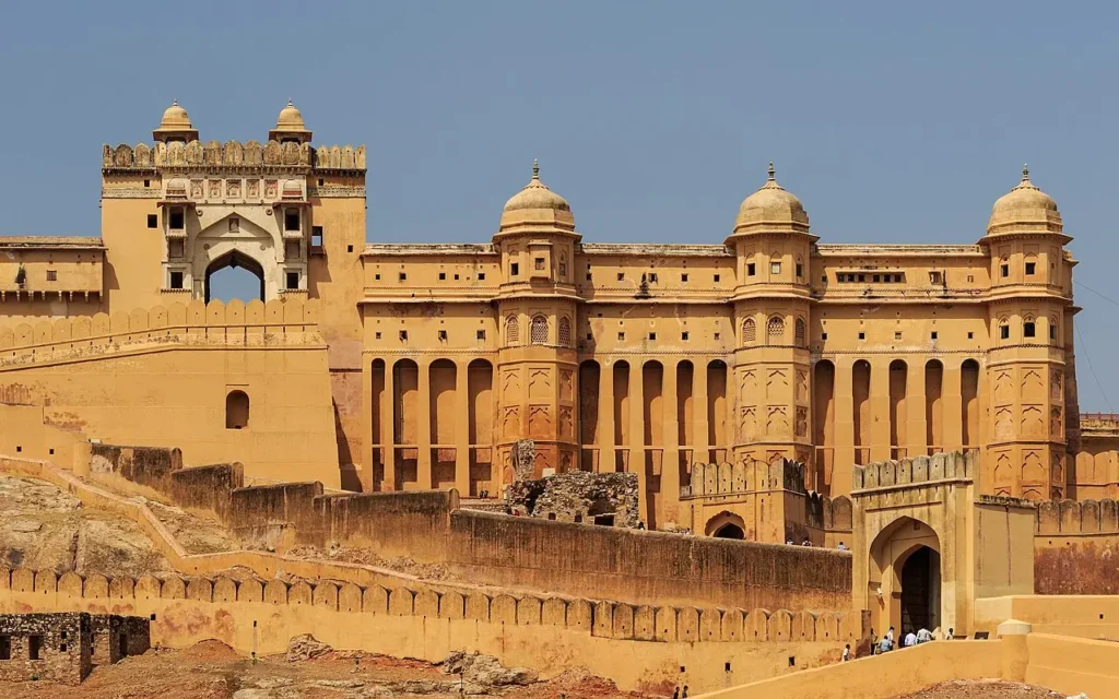 View of Amer Fort near Jaipur showing Rajput and Mughal-influenced design