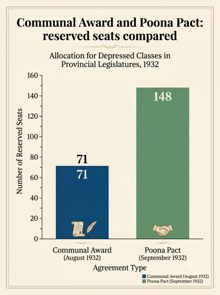 Communal Award and Poona Pact: reserved seats compared Bar chart comparing 71 reserved seats under the Communal Award with 148 under the Poona Pact