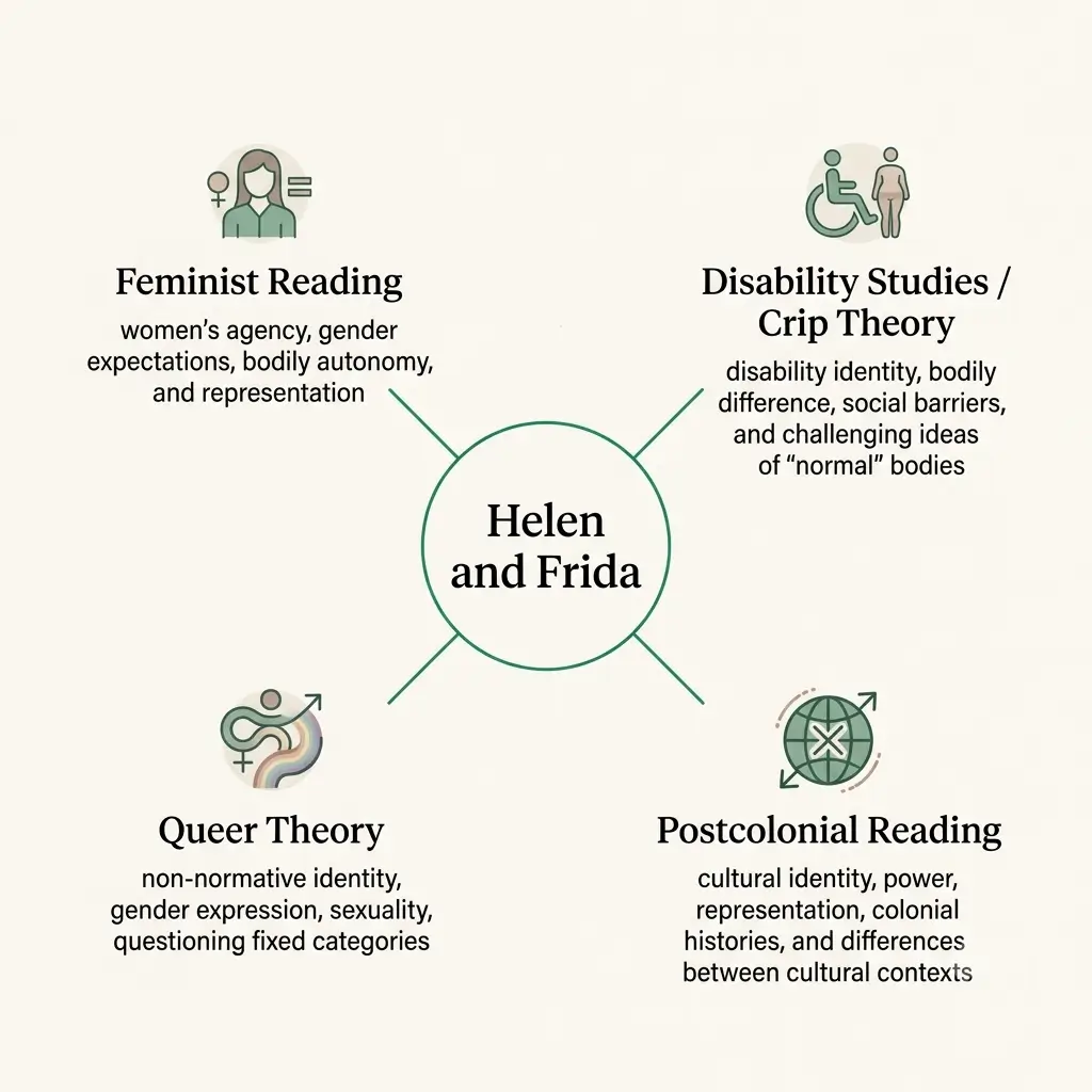 Theoretical perspectives on Helen and Frida Diagram of feminist, disability studies/crip theory, queer theory and postcolonial readings of Helen and Frida