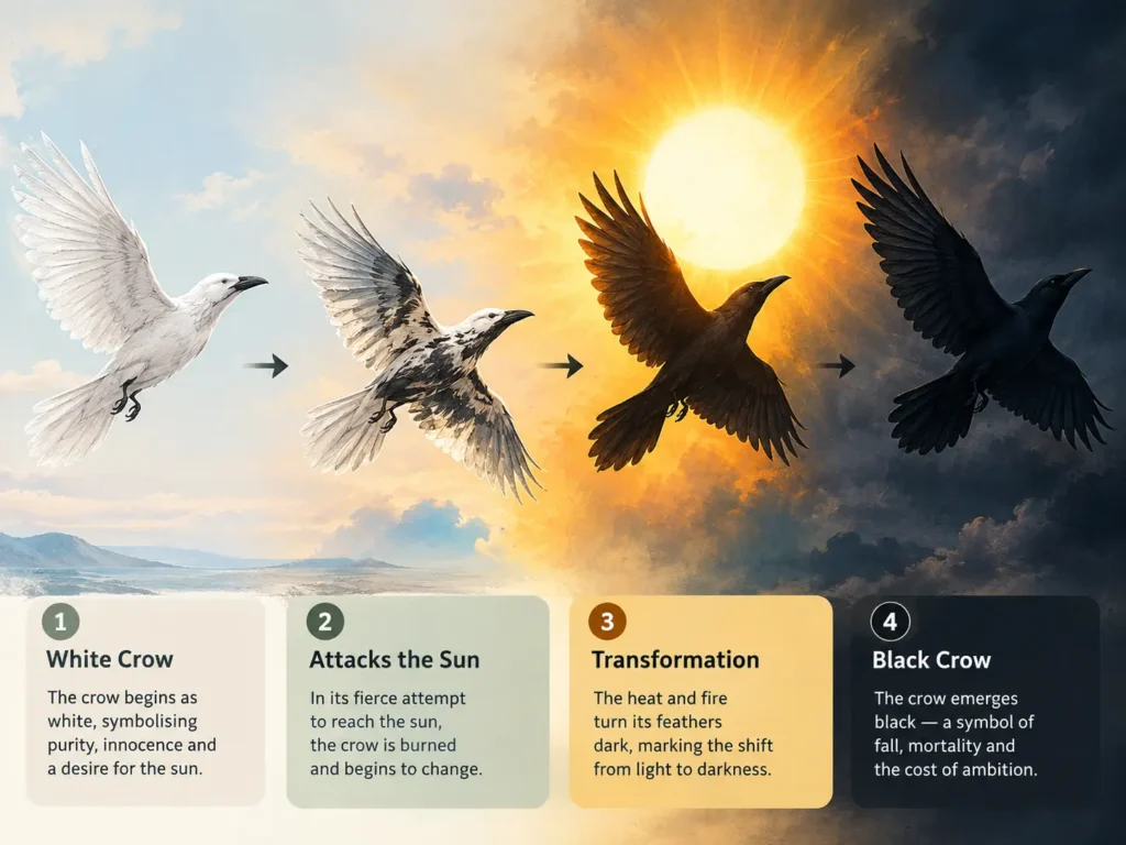 Diagram showing Crow changing from white to black after attacking the sun