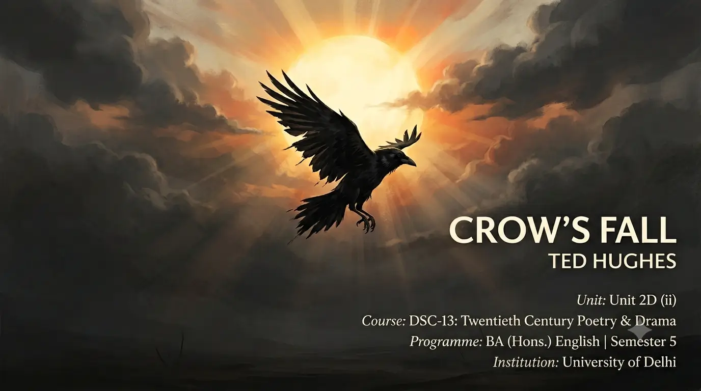 Illustration of a crow flying toward the sun, representing Crow's Fall by Ted Hughes