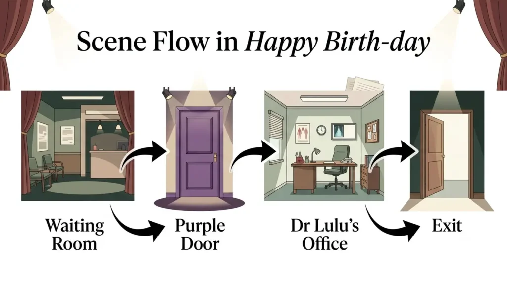 Plot flow of Happy Birth-day by Hayleigh Barclay Plot flow diagram showing the sequence of scenes in Happy Birth-day