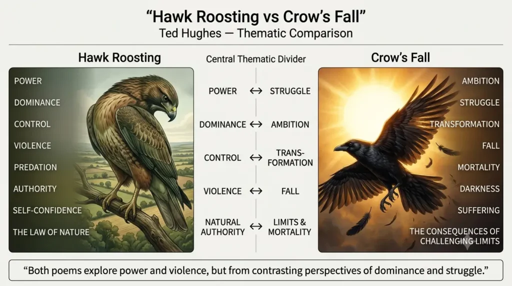 Infographic comparing themes of Hawk Roosting and Crow's Fall by Ted Hughes