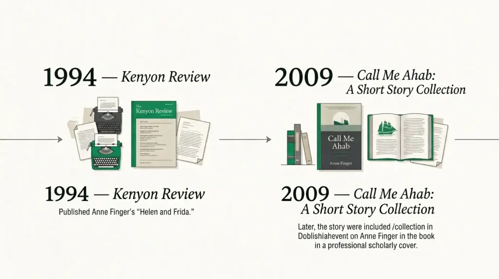 Publication timeline of Helen and Frida Timeline graphic showing Helen and Frida's 1994 Kenyon Review publication and 2009 Call Me Ahab collection
