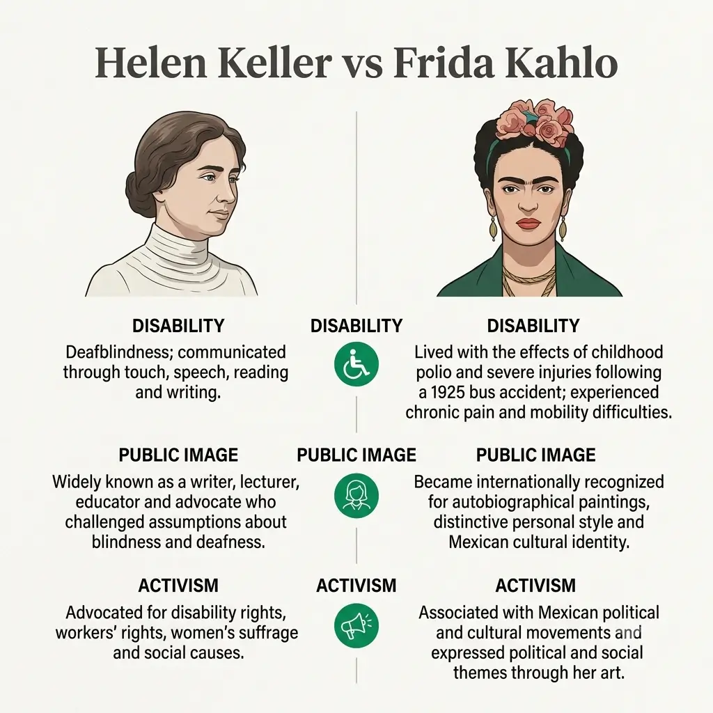 Helen Keller vs Frida Kahlo comparison Infographic comparing Helen Keller's and Frida Kahlo's disabilities, public image and activism