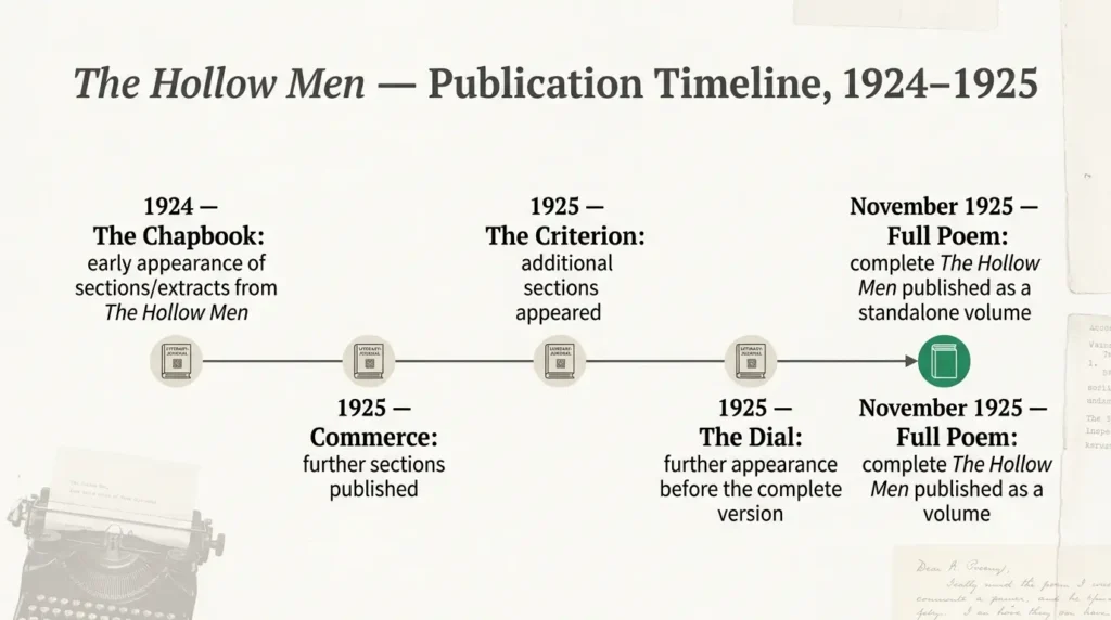 Timeline showing parts of The Hollow Men appearing in The Chapbook, Commerce, The Criterion and The Dial before the full poem in November 1925