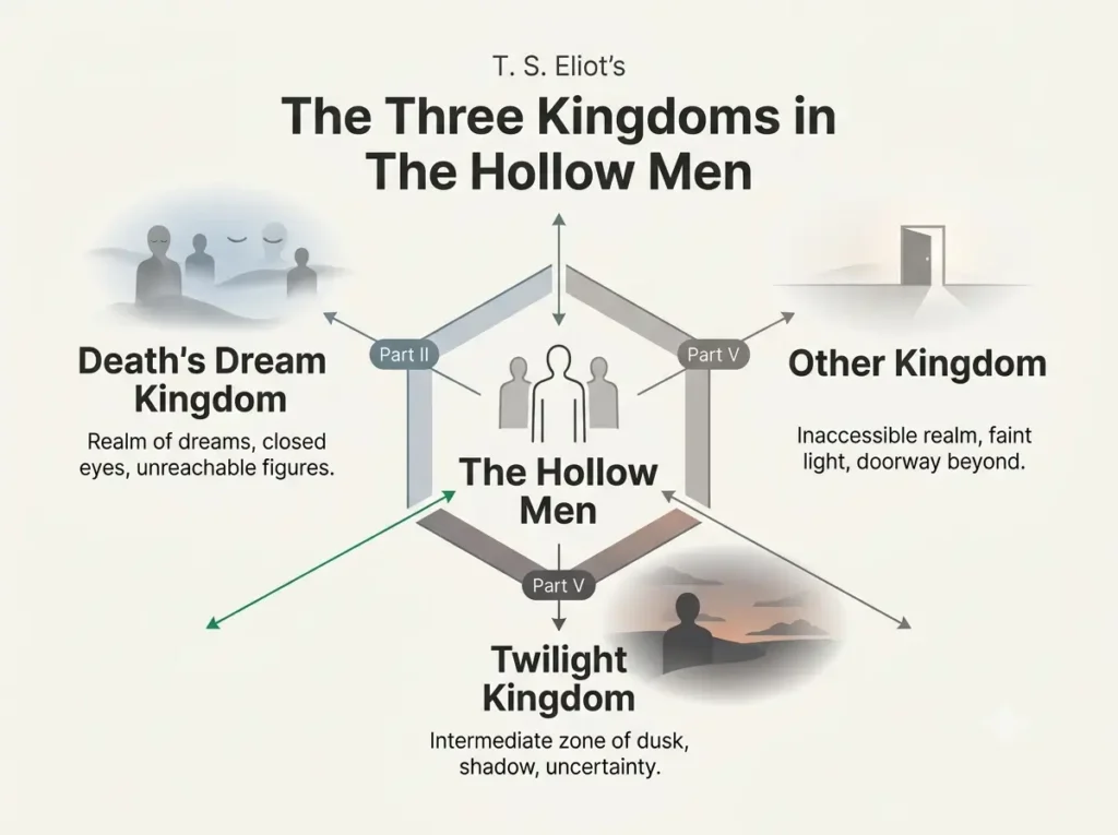Diagram showing death's dream kingdom, other kingdom and twilight kingdom with the parts where each appears