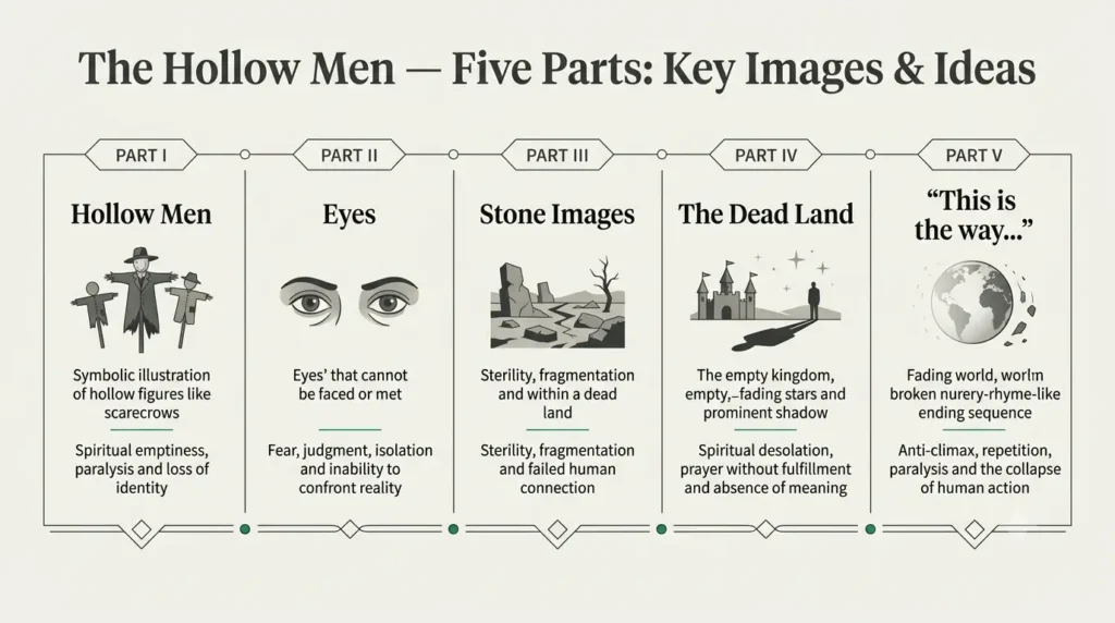 Chart summarising the key image and idea of each of the five parts of The Hollow Men