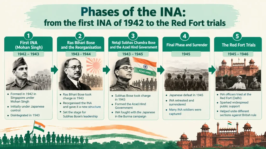Phases of the INA: from the first INA of 1942 to the Red Fort trials Diagram of the phases of the Indian National Army from Mohan Singh to Subhas Bose and the Red Fort trials