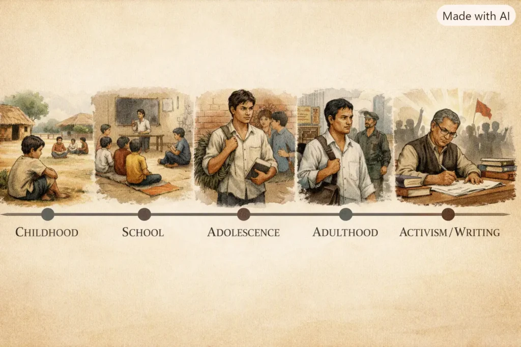 Infographic timeline showing Valmiki's journey from Childhood to Activism in Joothan