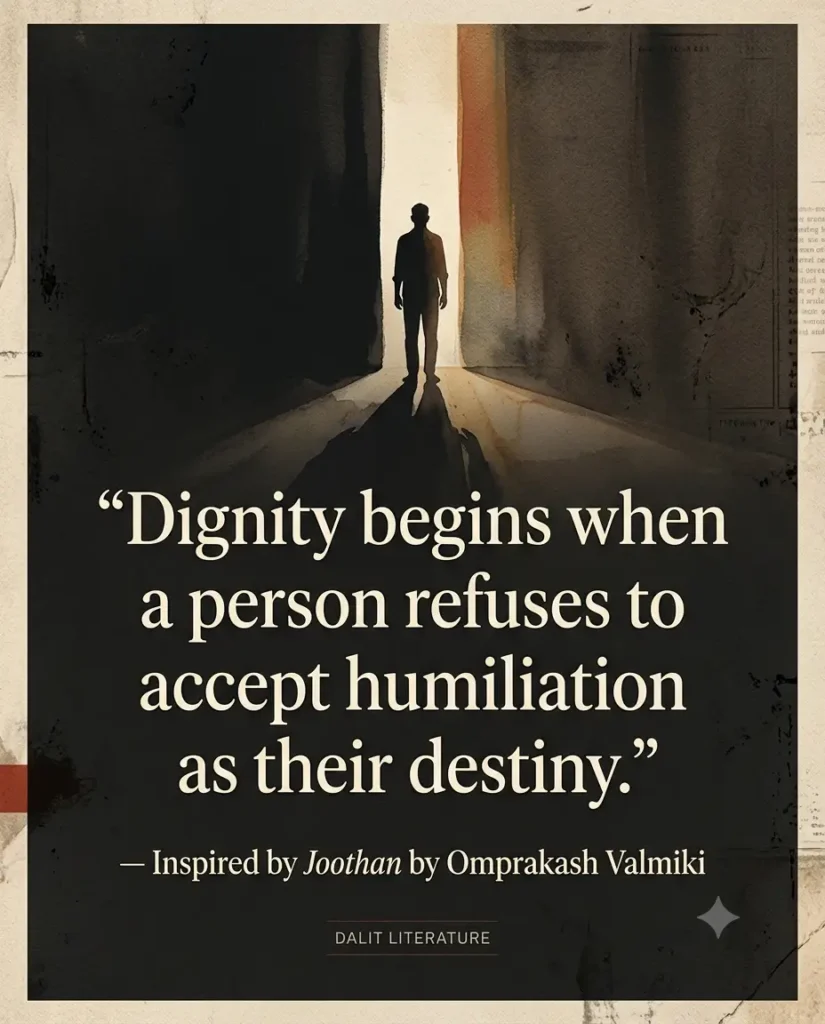 Illustrated quote card from Joothan by Omprakash Valmiki on caste and dignity