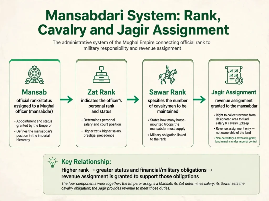 Flow diagram linking mansab, zat rank, sawar rank and jagir assignment