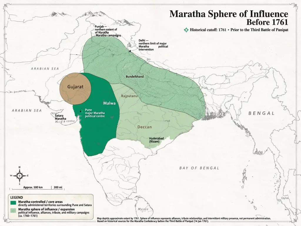 Outline map of India showing the Maratha sphere of influence before 1761