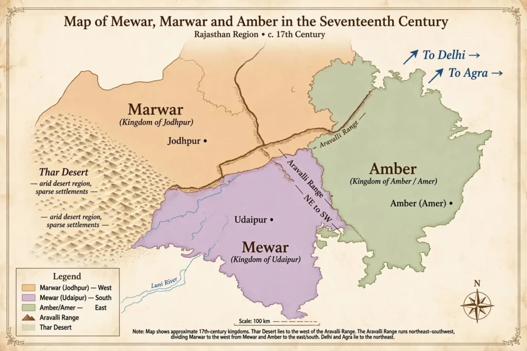 Outline map of Rajasthan showing Mewar, Marwar and Amber with their capitals