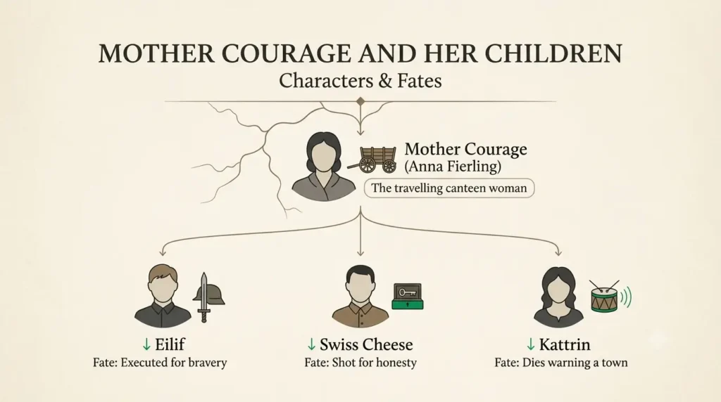 Mother Courage and her children characters chart Eilif Swiss Cheese Kattrin