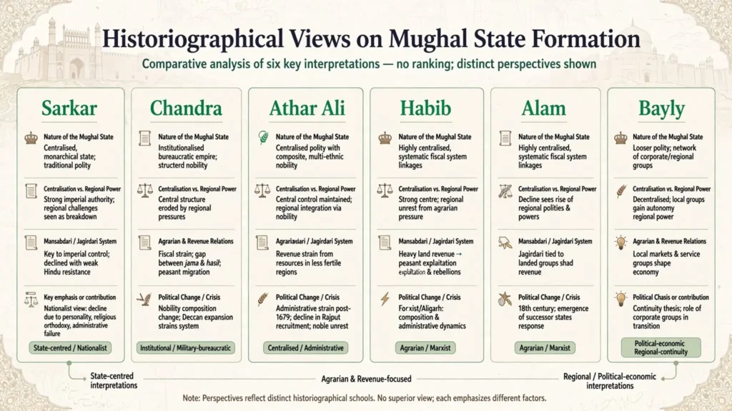 Chart comparing the views of Sarkar, Chandra, Athar Ali, Habib, Alam and Bayly