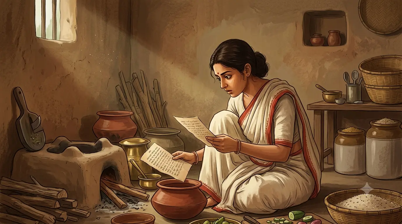 Illustration of a woman reading a hidden manuscript page in a nineteenth-century Bengali kitchen, representing Rassundari Devi's secret learning in Amar Jiban