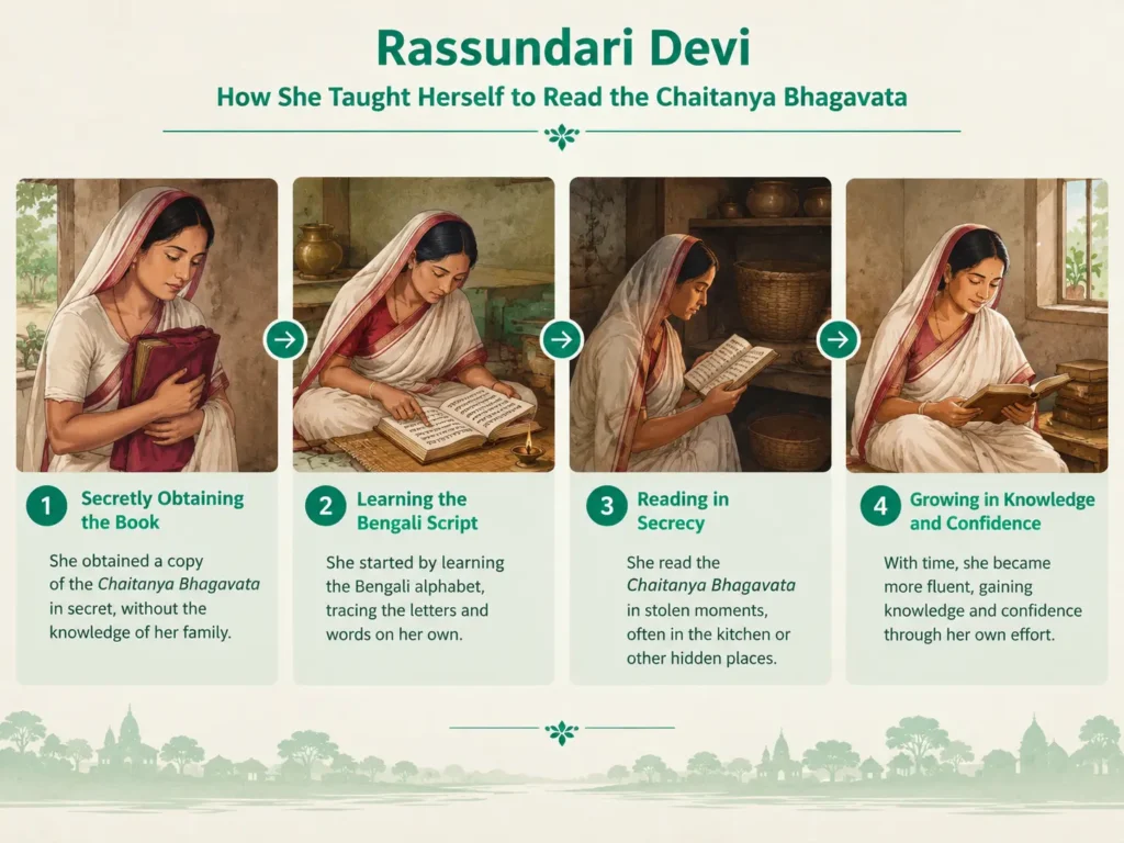 Four-step diagram showing how Rassundari Devi taught herself to read the Chaitanya Bhagavata in secret