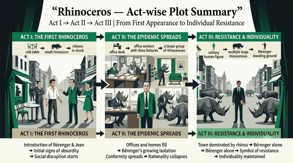 Act-wise plot summary diagram of Rhinoceros by Ionesco