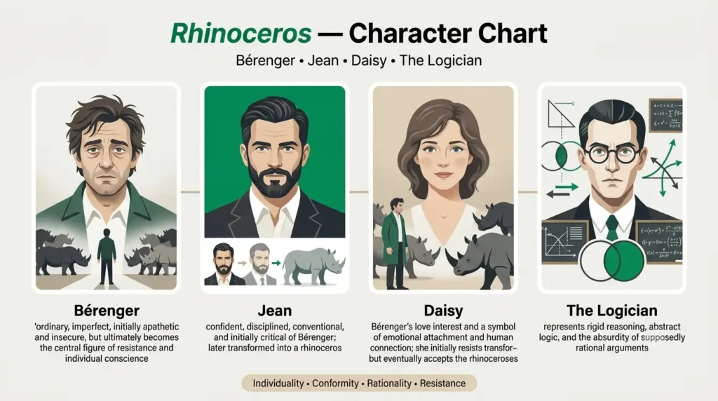 Character chart of Bérenger, Jean and Daisy in Rhinoceros