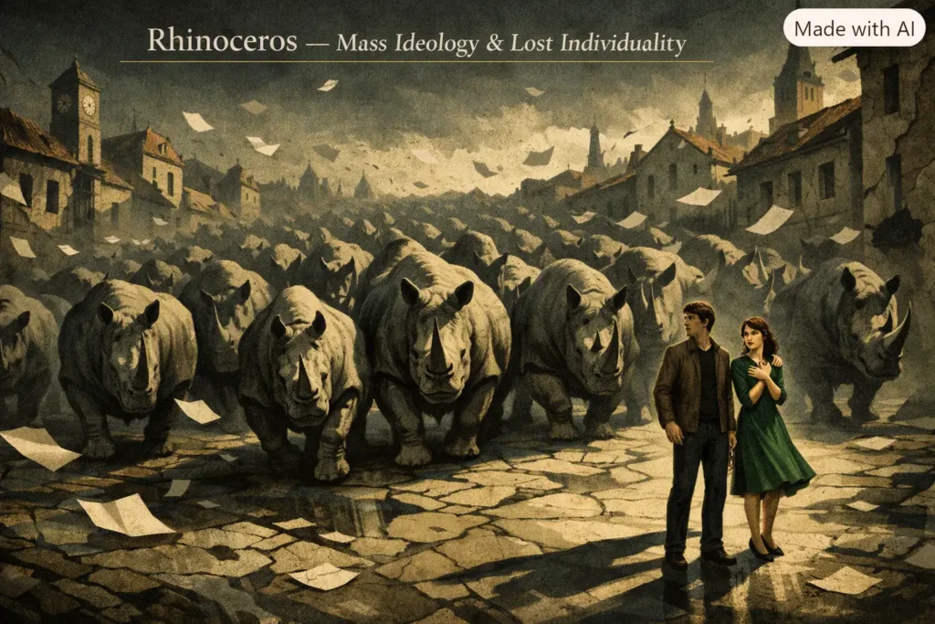 Illustration symbolising the spread of fascism in Rhinoceros