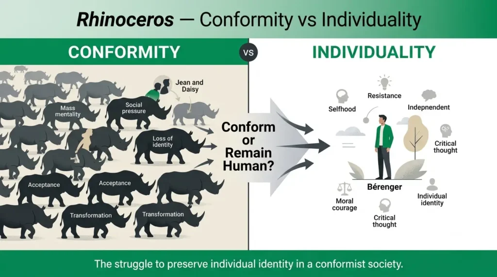 Theme chart: conformity vs individuality in Rhinoceros