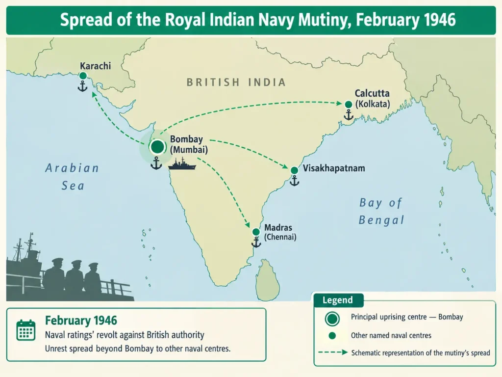 Spread of the Royal Indian Navy Mutiny, February 1946 Map showing the spread of the 1946 RIN mutiny from Bombay to Karachi, Calcutta, Madras and Visakhapatnam