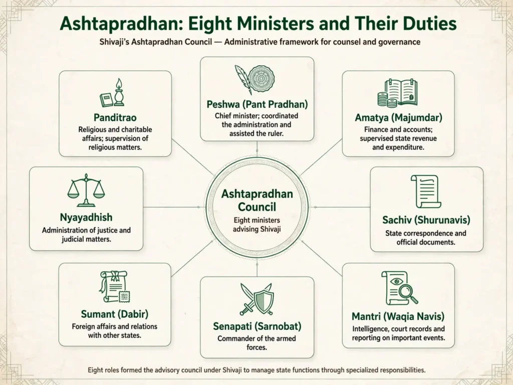 Chart listing the eight ministers of the Ashtapradhan and their duties