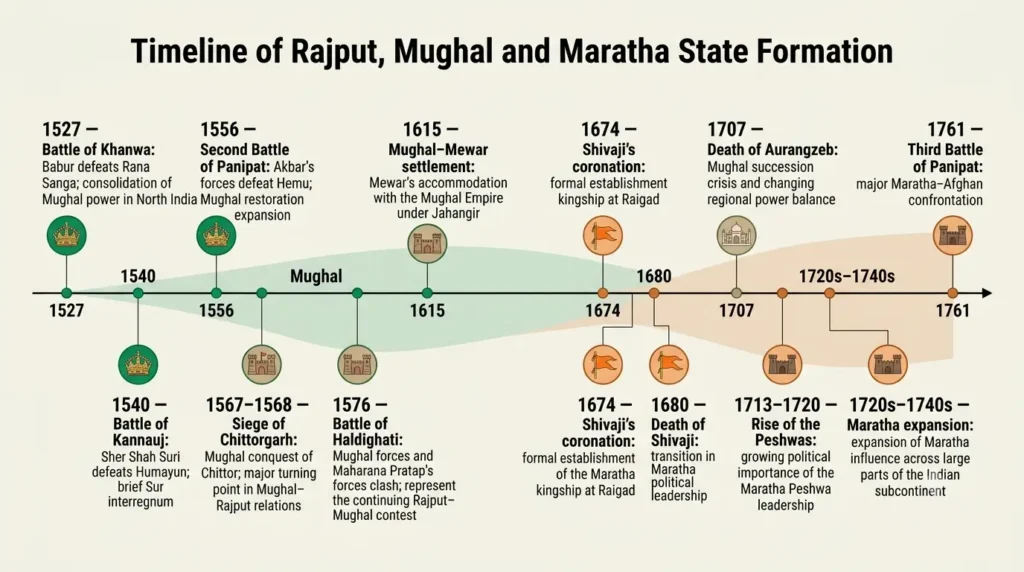 Timeline from the Battle of Khanwa in 1527 to the Third Battle of Panipat in 1761