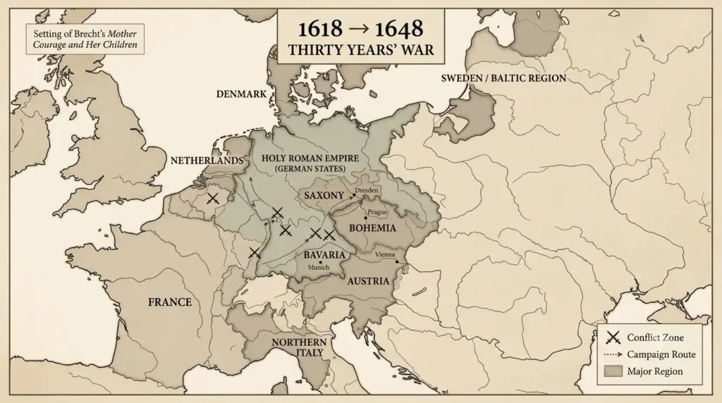 Thirty Years War Europe map 1618 1648 Mother Courage setting