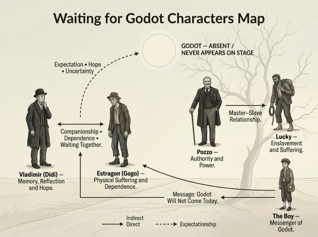 Diagram showing Vladimir, Estragon, Pozzo, Lucky, the Boy and absent Godot in Waiting for Godot