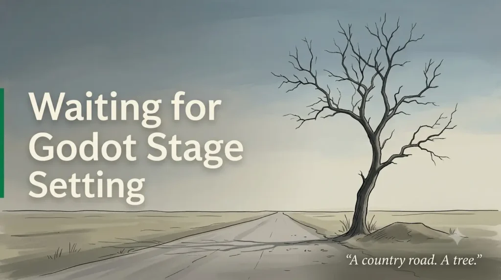 Simple stage drawing of a country road with a single bare tree and a low mound, the setting of Waiting for Godot
