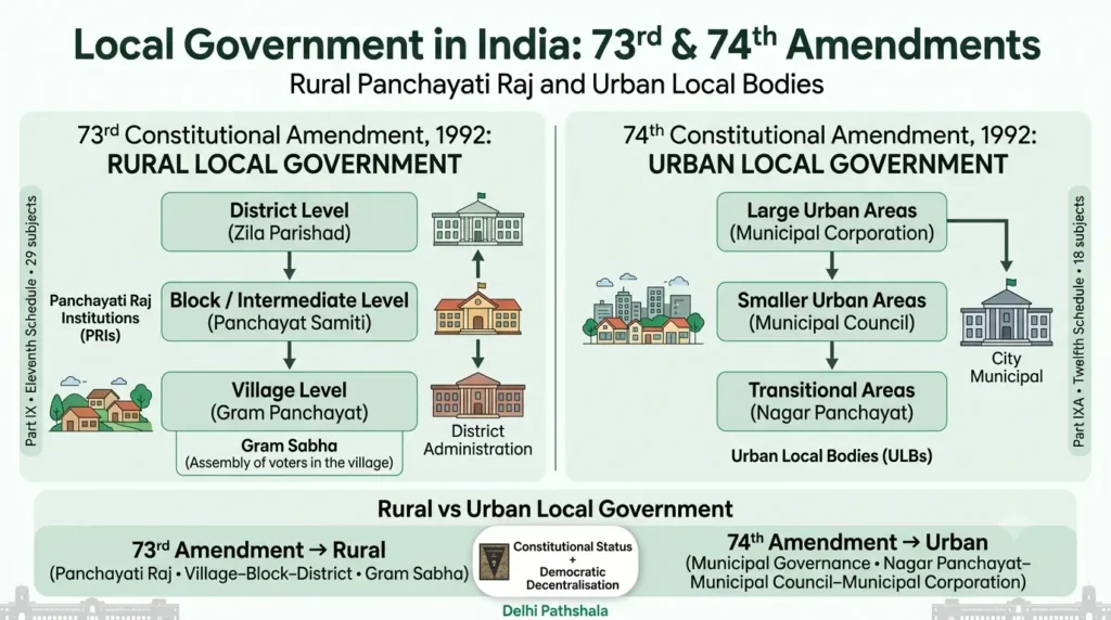 Chart of rural Panchayati Raj tiers and urban local bodies under the 73rd and 74th Amendments