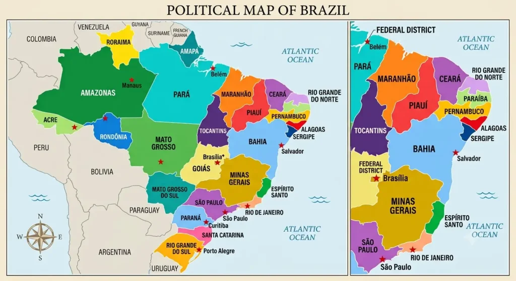Political map of Brazil showing its 26 states and the Federal District of Brasília
