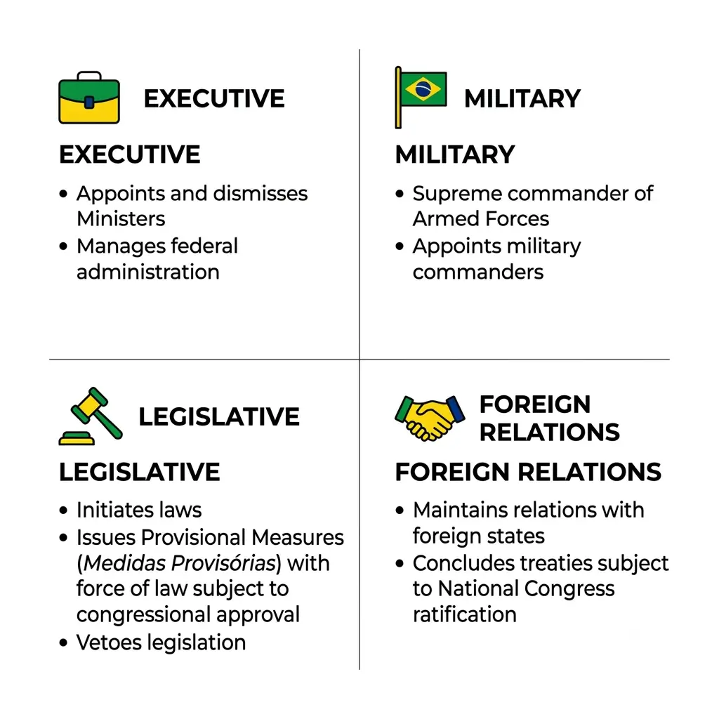 Chart listing the executive, military, legislative, and foreign relations powers of the President of Brazil