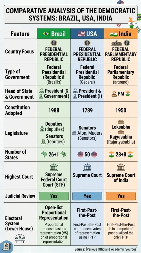 Table comparing federal government structures of Brazil, USA and India across constitution, legislature and judiciary