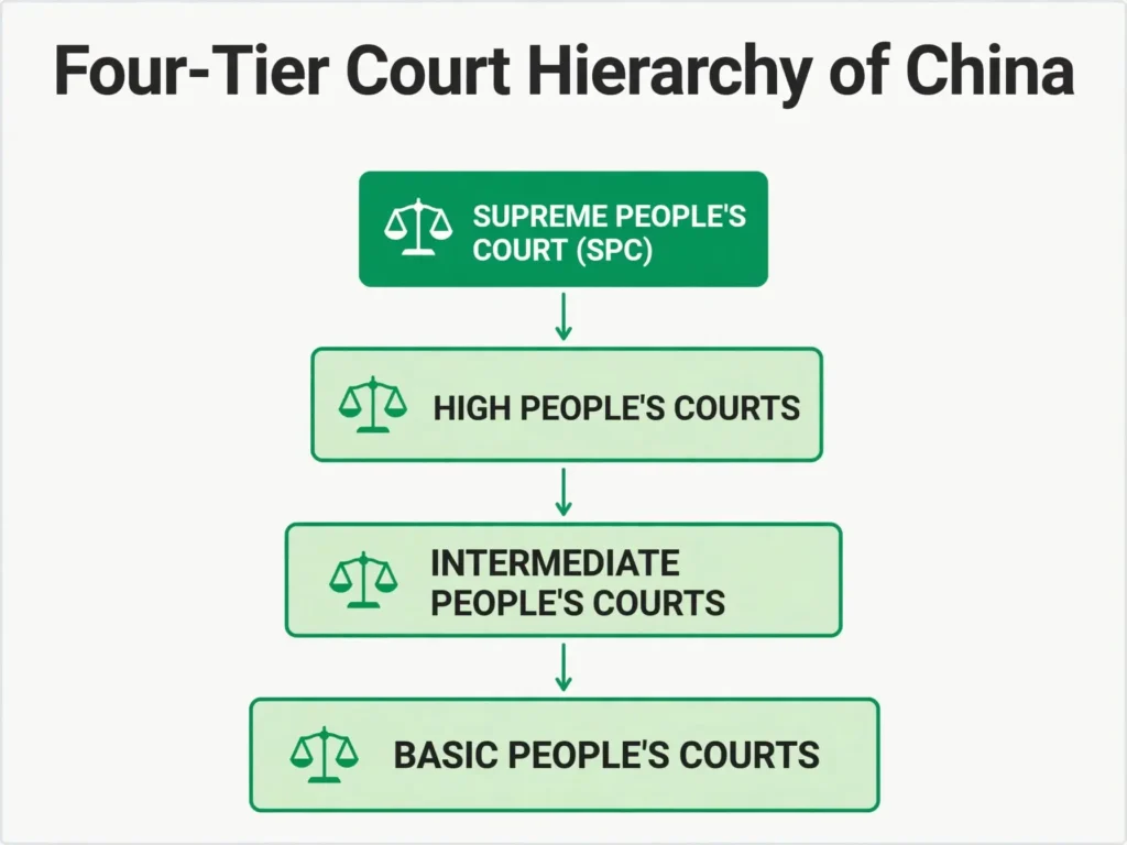Structure of China’s Court System Diagram of China's four-tier court hierarchy from the Supreme People's Court to Basic People's Courts