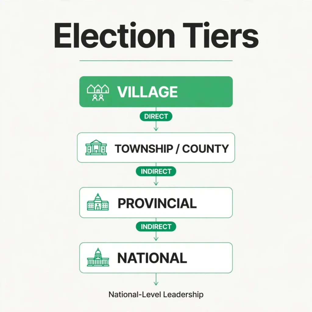 China’s Electoral System — Direct vs Indirect Elections Infographic showing direct village elections versus indirect elections at higher levels in China