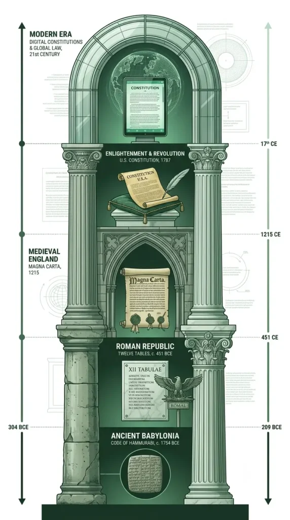 Evolution of Constitutionalism Timeline Timeline of constitutionalism from Code of Hammurabi to modern constitutions