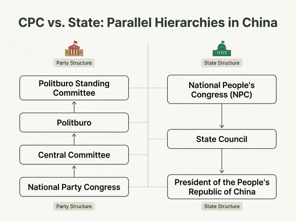 CPC and State Hierarchy in China Diagram showing the parallel hierarchy of the Communist Party of China and the Chinese state