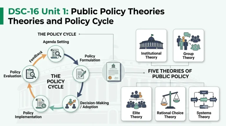 Infographic showing the policy cycle and five theories of public policy for DU DSC-16 Unit 1