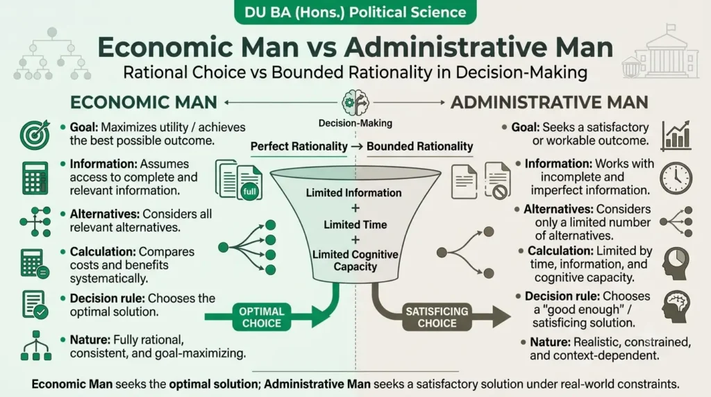 Comparison chart of economic man and administrative man in decision-making
