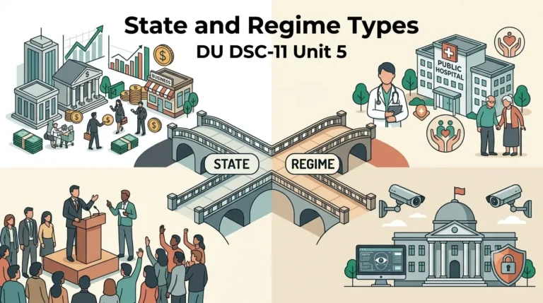 Four-panel illustration of the capitalist, welfare, populist and security state for DU Political Science notes