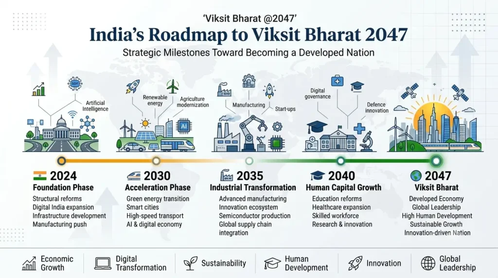 Timeline graphic of India's roadmap toward becoming a developed nation by 2047