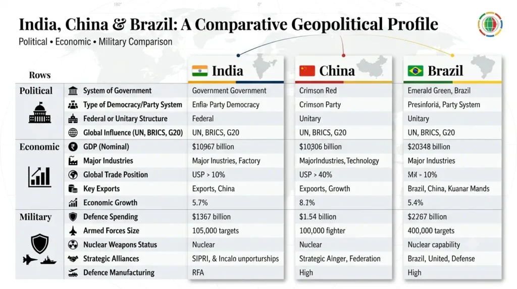 Styled comparison table of India, China and Brazil across political, economic and military factors