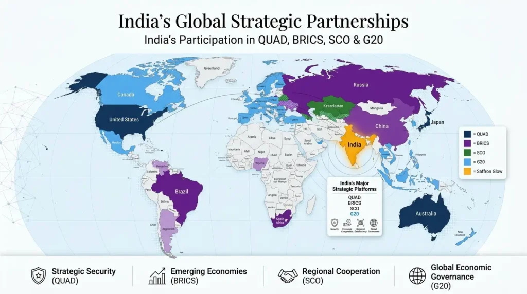 World map highlighting India's participation in QUAD, BRICS, SCO and G20