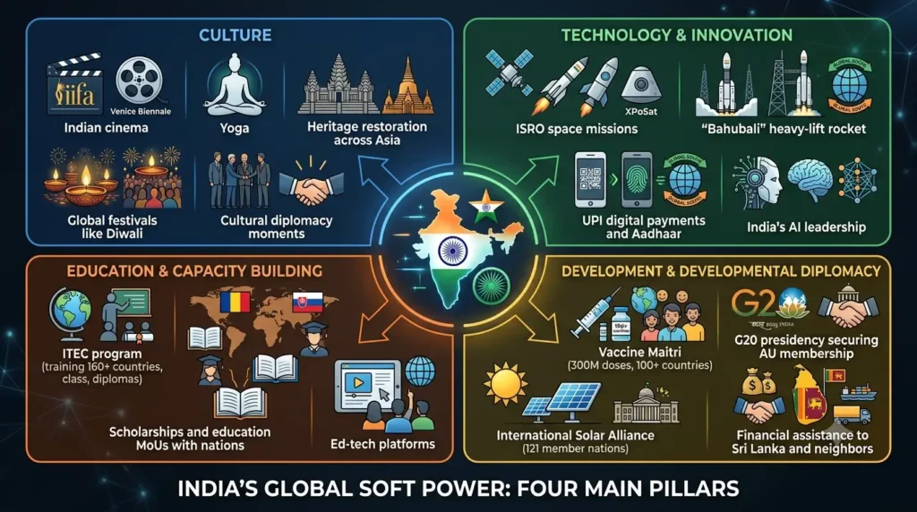 Pillars of India’s Soft Power Diplomacy Diagram of India's soft power pillars — culture, technology, education, and development